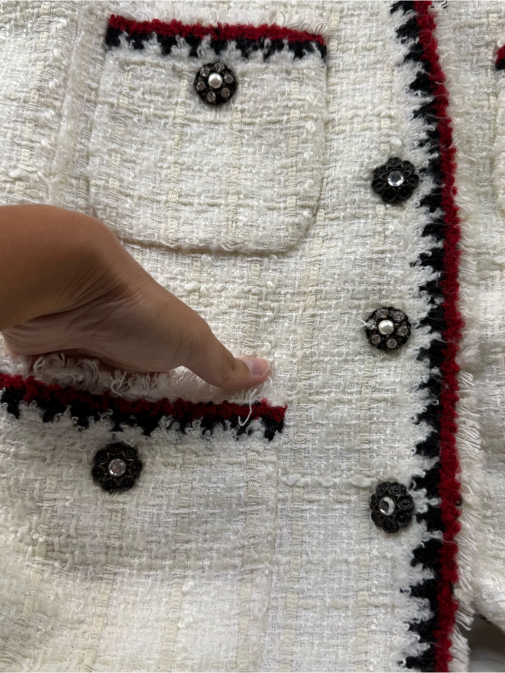 Zara Woman Tweed Bouclé Blazer Women M White Red Black Jeweled Preppy - Picture 9 of 10